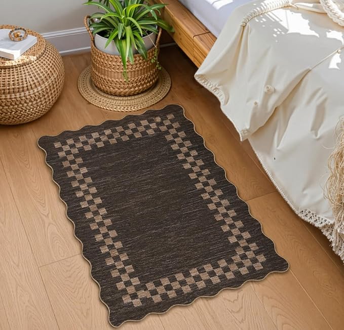Small Area Rug 2x3 Modern Checkered Entry Rug Solid Color Scalloped Kitchen Rugs Washable Bedroom Doormat Non Slip Stain Resistant Bordered Throw Carpet for Living Room Nursery Laundry, Brown
