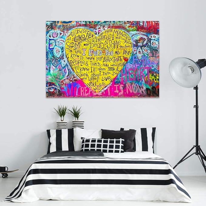 Large Size Banksy Street Decor Poster Canvas Graffiti Wall Art I Loved You Yellow Love Heart Wall Art Canvas Prints and Painting Home Wall Decor Office Framed Graffiti Art Easy to Hang -44" WX28 H