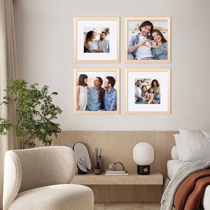 Egofine 12x12 Picture Frames Made of Solid Wood with Plexiglass, Display Pictures 8x8 with Mat or 12x12 Without Mat Set of 4 for Tabletop and Wall Mounting, Oak Wood