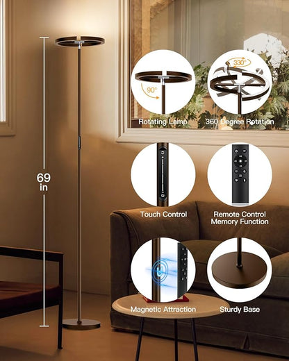 SIBRILLE Brown Floor Lamp, Modern Stepless Dimmable Standing Lamp with Remote Control, 22W 3000-6000K LED Rotatable Floor Light Uplighter Stand up Lamp Tall Lamp for Living Room Bedroom Office