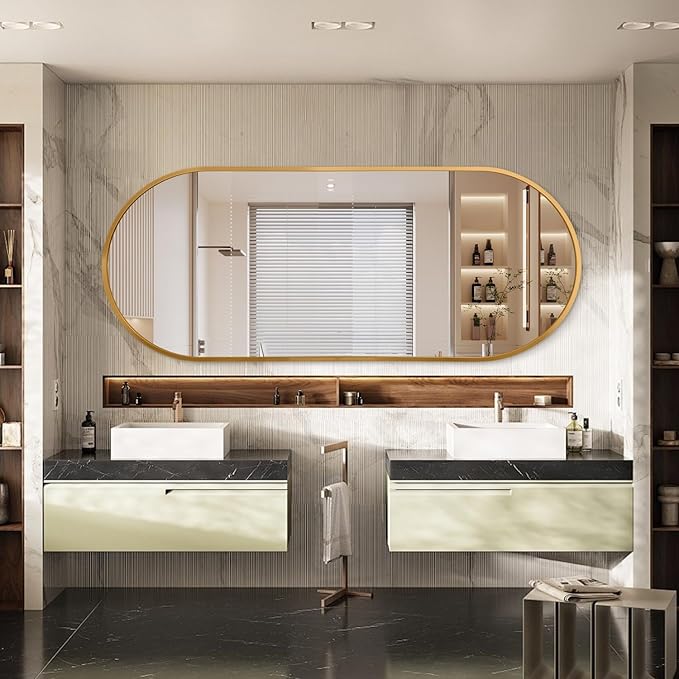 JJUUYOU Oval Full Length Bathroom Mirror Wall Mounted Mirror Gold Metal Mirrors 63"X32" Aluminum Alloy Framed Bedroom Mirrors for Living Room Entryway Dorm and Entryway