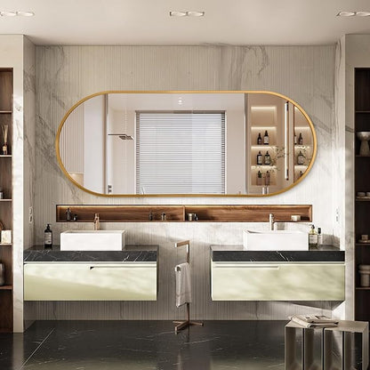 JJUUYOU Oval Full Length Bathroom Mirror Wall Mounted Mirror Gold Metal Mirrors 63"X32" Aluminum Alloy Framed Bedroom Mirrors for Living Room Entryway Dorm and Entryway