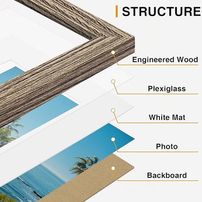 Vittanly 11x14 Picture Frames Set of 9, Display 8x10 Pictures with Mat or 11x14 without Mat, Photo Frames for Wall or Tabletop with Plexiglass, Engineered Wood, Grayish Brown