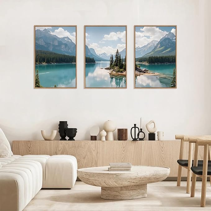 HLNIUC Mountain Wall Art Canvas,Forest Wall Art Mountain Lake,Lake Scenery Artwork,Landscape Nature Framed Decor,Realistic Landscape Prints,Forest Scene Painting for Living Room,Bedroom,Home16x24x3