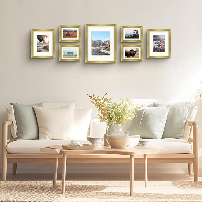 Frametory, Set of 7 Gallery Wall Frame in Gold - Includes 11x14, 8x10, and 5x7 Picture Frames with Ivory Color Mats - Real Glass, Collage Frames for Prints and Photos