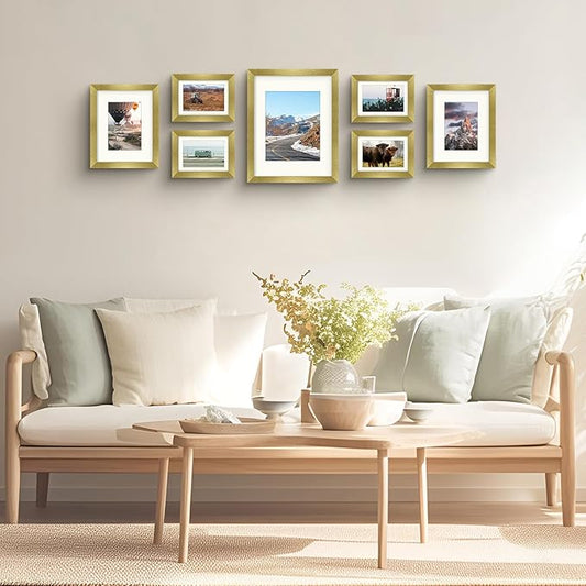 Frametory, Set of 7 Gallery Wall Frame in Gold - Includes 11x14, 8x10, and 5x7 Picture Frames with Ivory Color Mats - Real Glass, Collage Frames for Prints and Photos