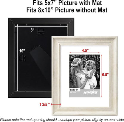Yaetm 8x10 Picture Frame Matted to 5x7 Set of 4, 1.4” Wide Molding & Rustic White Photo Frames 8 x 10 with Tempered Glass, Display on Tabletop & Wall Mounting (4 Pack, White)