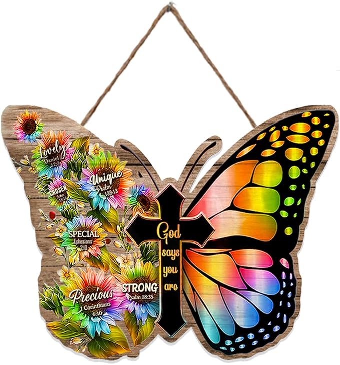 RSLEE Butterfly Room Decor Cross Wooden Sign Wall Decor Scripture Plaque Quote Hanging Wall Sign Rustic Farmhouse Wall Art for Living Room, Tan, 9inchx12inch