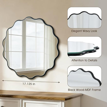 Round Wavy Black Mirror 17" Wall Decorative Mirror Wood Frame Circle Modern Mirror Bathroom Vanity Mirror for Bathroom Entryway Living Room Bedroom Hallway