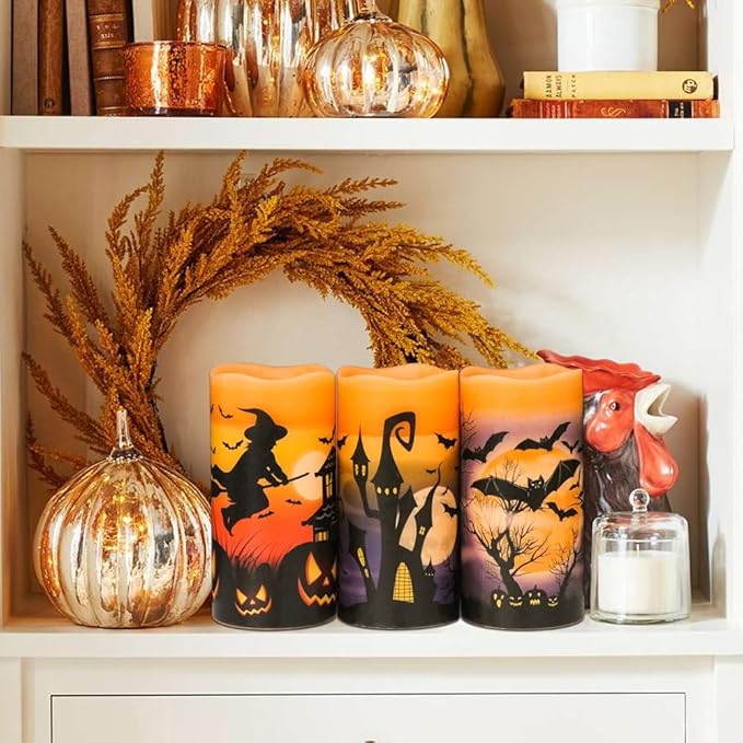 Halloween LED Flameless Pillar Candles Battery Operated with 6 Hour Timer Set of 3 Orange Wax Warm Light Flickering Witch Bats Castle Spooky Decals Halloween Decor Gifts(3 x 6 Inch)
