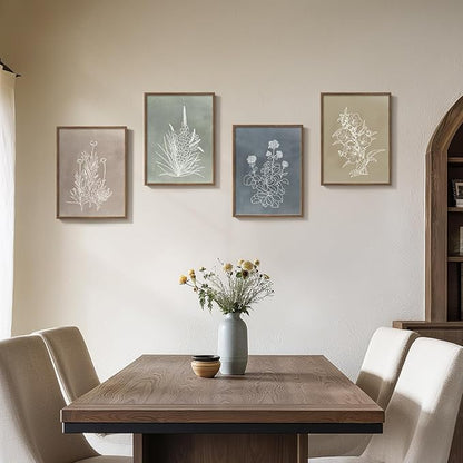 Framed Boho Botanical Wall Art for Living Room, 4 Piece Rustic Floral Canvas Painting Prints, Vintage Minimalist Neutral Flower Artwork for Modern Farmhouse Bedroom Dining Room Office Wall Decor