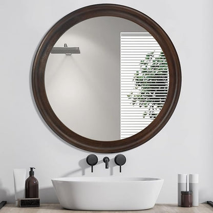 CULER Round Wall Mirrors 24 Inch,Wood Rustic Decorative Transitional Mirror with Walnut Frame for Wall,Farmhous Mirror for Bathroom Bedroom Living Room or Entryway（Dark Brown）