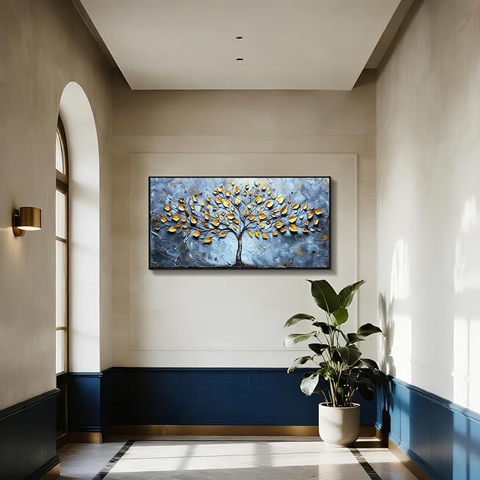SERIMINO Tree of Life Wall Art, Large Framed Wall Art, Abstract Art Wall Decor, Blue Gold Tree Painting Prints, Nature Aesthetic Canvas Pictures for Living Room Bedroom Hallway Office Artwork 24"x48"