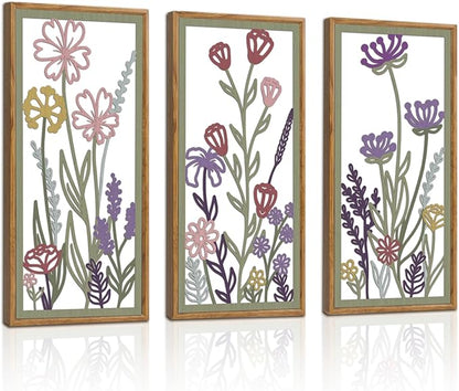 KAIRNE Neutral Floral Wooden Wall Art Set of 3,Framed Vintage Botanical Flower Decor,Minimalist Wildflower Wood Hanging Decor,Modern Farmhouse Decoration for Living Room Bedroom Office Kitchen,8X16 inch