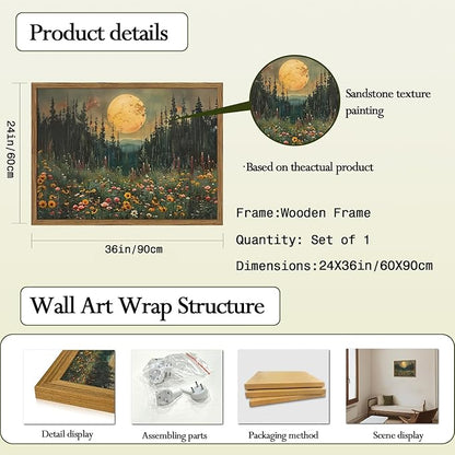 Vintage Forest Moon Wall Art, Nature Pine Tree Woodland Wall Decor Paintings, Dark Cottagecore Landscape 3D Textured Hand Drawn Sandstone Artwork for Bedroom Living Room 24x36 inch Wood Framed