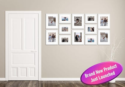 VELISTA 12 Piece Large Rectangle Gallery Wall Frame Set - Photo Frames With Mat 8x10 and 11x14 in - Picture Collage Made of Engineered Wood - Assorted Frames for Wall (White)