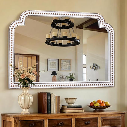 HOITUZYUS 24x36 Inch Farmhouse Wooden Wide Wall Mirror with Beaded Decor, Boho Decorative Mirrors for Living Room, Bedroom, Entryway, Fireplace