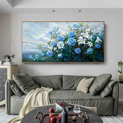 Framed Extra Large Botanical Wall Art – Blue and White Flower Canvas Painting for Living Room Bedroom – Rustic Wood Frame Floral Décor 58x29 Inch