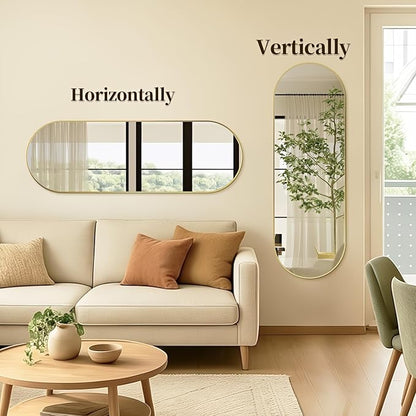 Oval Full Length Mirror, 55"×18" Wall-Mounted Mirror with Gold Frame in Shiny Gold, Ultra-Clear Explosion-Proof Dressing Mirror, Simple & Classic Deco for Cloakroom/Bedroom/Living Room
