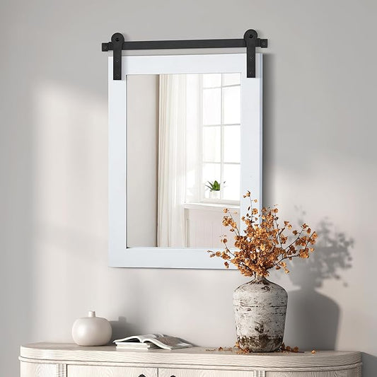 COGOOD Farmhouse Barn Door Mirror - 21 x 30 Rustic Wood Framed Wall Mirror for Bathroom, Living Room, Entryway Wall Decor (Pure White)