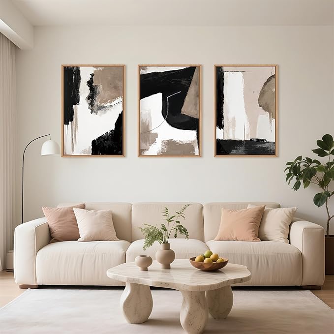 Large Modern Abstract Framed Canvas Wall Art Set, Neutral Black and Beige Color Block Wall Decor,Minimalist Pastel Tan Art Printing for Living Room,Bedroom,Office-24 x36 x3