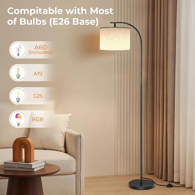 SIBRILLE Floor Lamp with Linen Shade, Arc Dimmable Tall Standing Lamp with Remote Control, Modern Floor Reading Light for Living Room Bedroom Office Corner, 9W LED Bulb Included