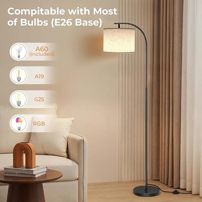 SIBRILLE Floor Lamp with Linen Shade, Arc Dimmable Tall Standing Lamp with Remote Control, Modern Floor Reading Light for Living Room Bedroom Office Corner, 9W LED Bulb Included
