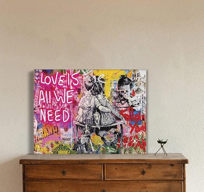 Graffiti Pop Wall Art Love Is All We Need Street Landscape of London City Canvas Paintings Art Pictures Stretched and Framed Ready to Hang Home Decor for Living Room Office Bar(24”W x 18”H)