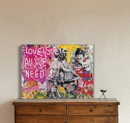 Graffiti Pop Wall Art Love Is All We Need Street Landscape of London City Canvas Paintings Art Pictures Stretched and Framed Ready to Hang Home Decor for Living Room Office Bar(24”W x 18”H)