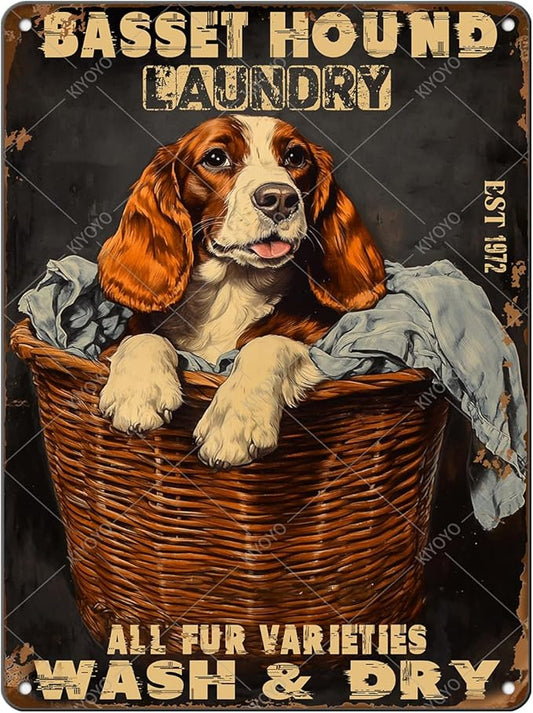 Retro Metal Poster Basset Hound Laundry Wash And Dry Metal Tin Signs Vintage Plaque Wall Decor for Home Laundry room Bathroom 16x12 Inch