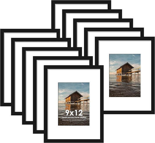 9x12 Picture Frame Sef of 10, Display Pictures 6x8 with Mat or 9 x 12 Without Mat, Photo Frame Collage for Wall Gallery Decor, Wall Mounted, Black