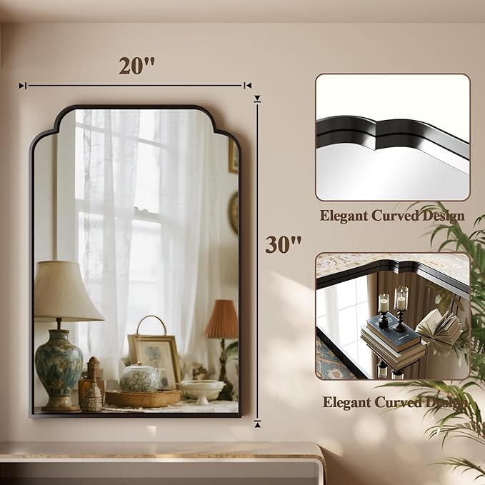 GLSLAND 20"x30" Petal Arch Bathroom Mirror – Modern Metal Frame Vanity Mirror with Scalloped Edge for Over Sink, Bedroom, Living Room, Entryway, Non-Rusting Decorative Wall Mirror, Black