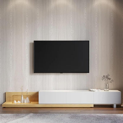 homary Wood Extendable TV Stand Rectangle Entertainment Center with 3-Drawer & Shelf Media TV Console for Living Room Bedroom (White & Natural)