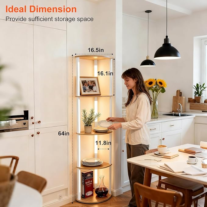 Lightdot Corner Floor Lamps with Shelves, 64Inch 5-Tier Storage Shelf Lamp with Integrated LED Posts/Walnut Shelf/White Frame, White Display Floor Lamp for Living Room/Bedroom/Sofa Beside/Corner Decor