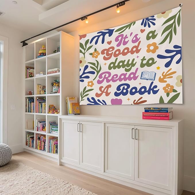 Soft Flannel Wall Tapestry - It's A Good Day to Read A Book - Boho Floral Tapestry Wall Hanging Decor for Bedroom,Living Room,Cozy Aesthetic Home Decoration,Unique Gift For Women 59x51Inch(Colorful-good day)