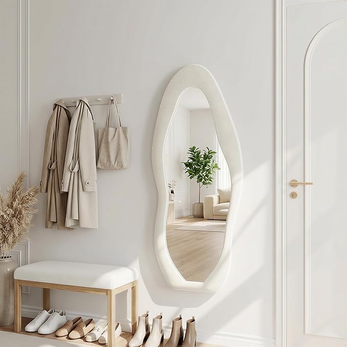 56"x24" Irregular Wavy Mirror, Flannel Full Length Mirror with Stand, Wall Mirror for Bedroom, Living Room, Cloakroom, Entryway, Beige