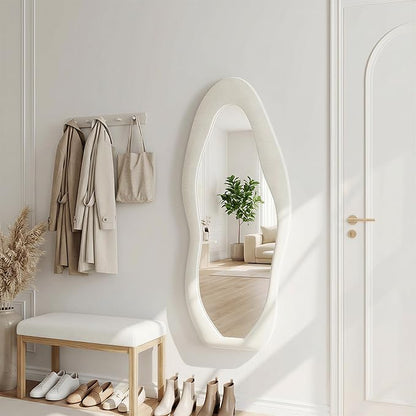 56"x24" Irregular Wavy Mirror, Flannel Full Length Mirror with Stand, Wall Mirror for Bedroom, Living Room, Cloakroom, Entryway, Beige