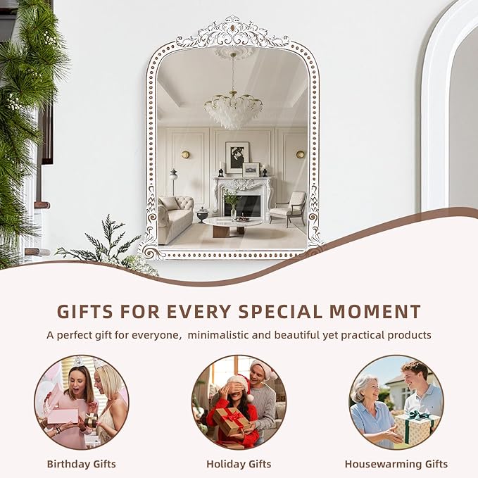 HOITUZYUS Ornate Baroque Statement Mirror: 42x34 Inch Wooden Arched Wall Mirror, French Vintage Decorative Mirrors for Entryway, Fireplace Mantel, Living Room, Bathroom