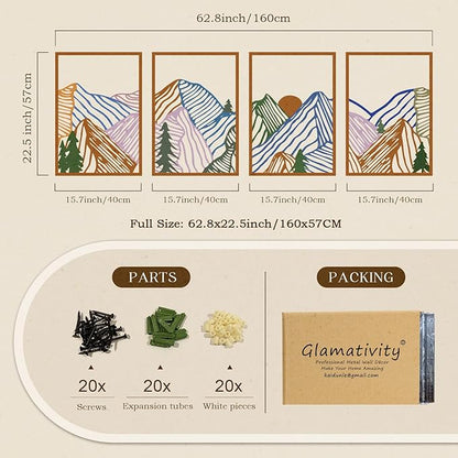 Glamativity 4 Pcs Colorful And Black Double-Sided Abstract Mountain Metal Wall Art, Mountain Line Art Decor, 3D Textured Minimalist Wall Decor, Rustic Nature Wall Decor for Living Room, Bedroom, Study