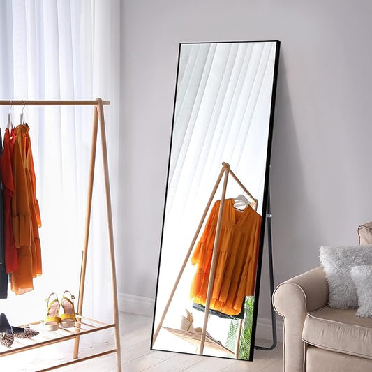 NeuType 64"x21" Full Length Mirror Floor Mirror with Standing Holder Aluminum Alloy Frame Bedroom Dressing Mirror Standing Hanging or Leaning Against Wall, Black