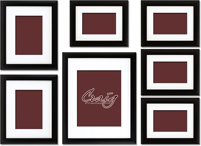 Craig Frames 1WB3BK Picture Frame 7-Piece Wall Set, Black Frames, White Display Mats