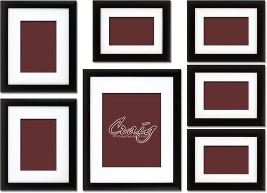 Craig Frames 1WB3BK Picture Frame 7-Piece Wall Set, Black Frames, White Display Mats