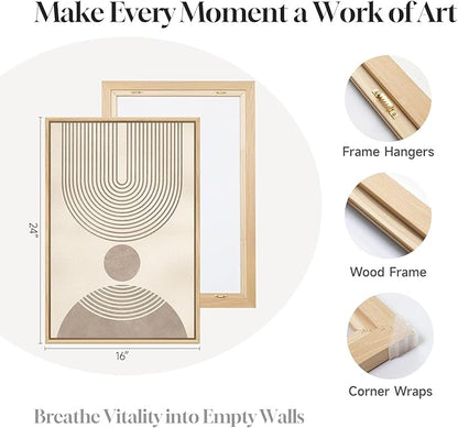 Framed Neutral Modern Minimalist Wall Art for Living Room, 3 Piece Boho Abstract Canvas Prints Artwork for Walls, Mid Century Boho Neutral Geometric Paintings for Bedroom Hallway Wall Decor, 16x24 In