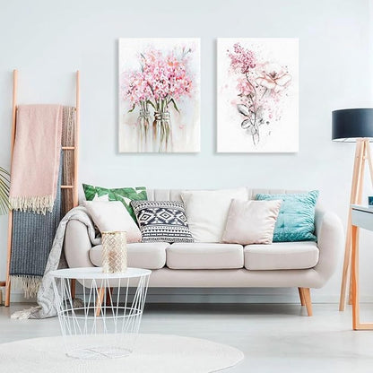 Pink Floral Canvas Wall Art, Pink Framed Wall Art, Butterfly Grey Leaf Canvas Prints, Floral Art Paintings for Bedroom, Bathroom, Office Art Prints Ready to Hang12x16 Inches.