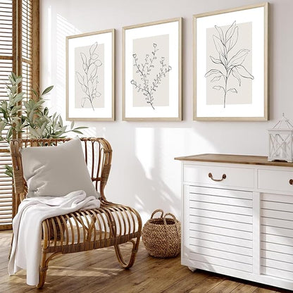 Neutral Botanical Prints Wall Art Decor Plant Minimalist Canvas Pictures Vintage Beige Wall Art Modern Farmhouse Line Poster Boho Abstract Painting Artwork for Bedroom 16x24 Inch Framed Set of 3