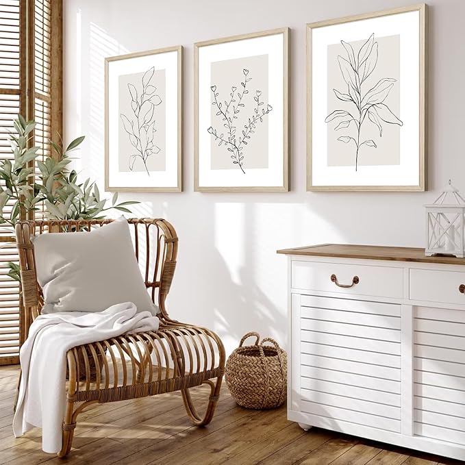 Neutral Botanical Prints Wall Art Decor Plant Minimalist Canvas Pictures Vintage Beige Wall Art Modern Farmhouse Line Poster Boho Abstract Painting Artwork for Bedroom 12x16 Inch Framed Set of 3