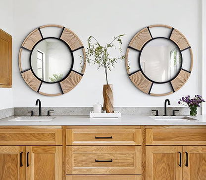 Round Wall Mirror for Wall Decor, 30.5'' Boho Mirror for Dining Room with Detachable Rattan and Black Metal Frame, Round Mirror for Living Room Bathroom Beach Decor
