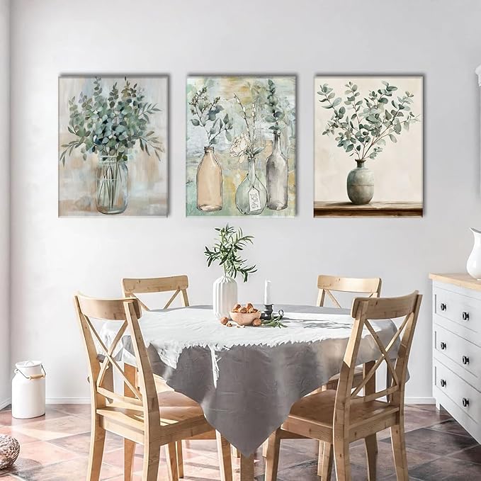AOYUSMO 3 Piece Sage Green Eucalyptus Vase Canvas Wall Art for Kitchen Boho Botanical Framed Wall Art Floral Farmhouse Neutral Prints Artwork For Dining Room Living Room 12"x16"