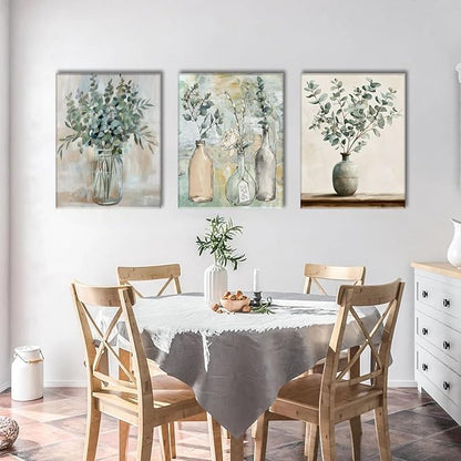 AOYUSMO 3 Piece Sage Green Eucalyptus Vase Canvas Wall Art for Kitchen Boho Botanical Framed Wall Art Floral Farmhouse Neutral Prints Artwork For Dining Room Living Room 12"x16"