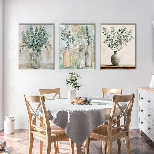 AOYUSMO 3 Piece Sage Green Eucalyptus Vase Canvas Wall Art for Kitchen Boho Botanical Framed Wall Art Floral Farmhouse Neutral Prints Artwork For Dining Room Living Room 16"x24"